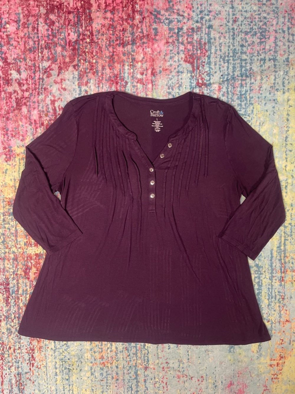 croft & barrow Plum Pintuck Henley Long Sleeve Top